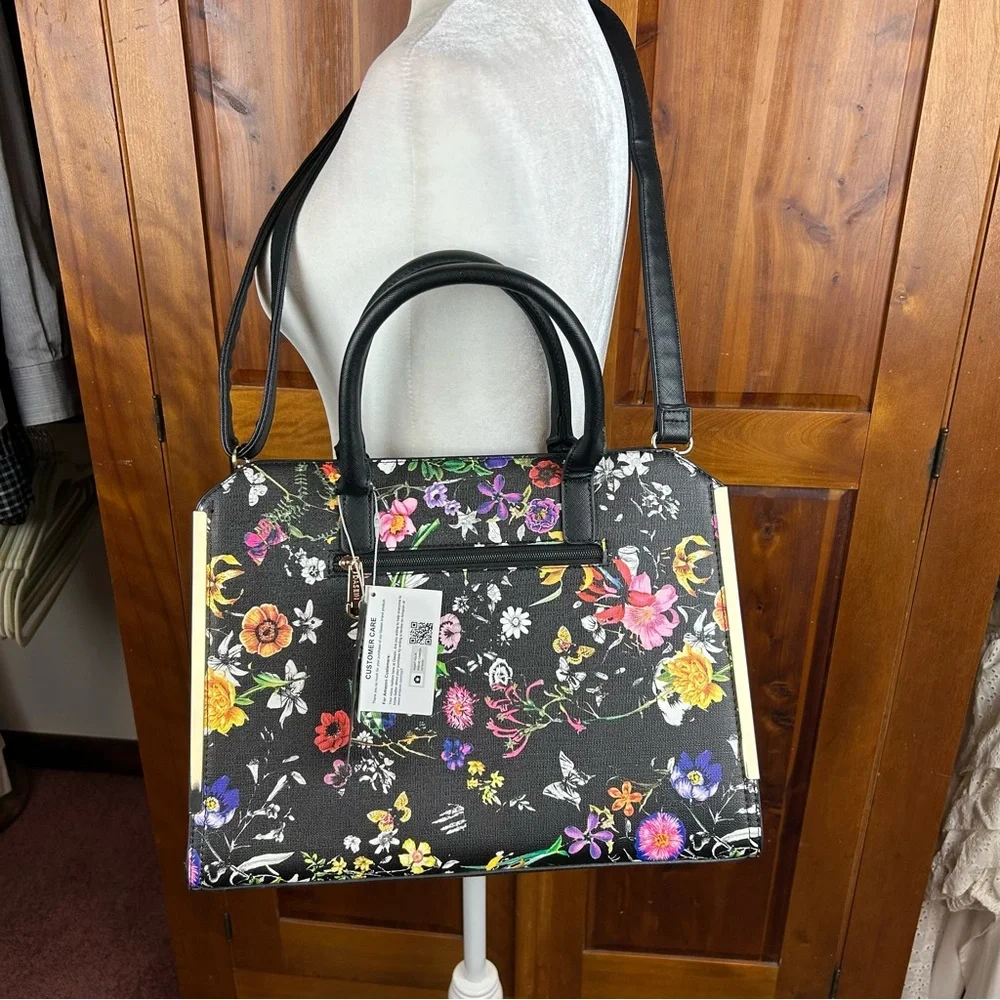 DASEIN Large Vegan Leather Floral Black Flower Satchel Handbag Shoulder Tote